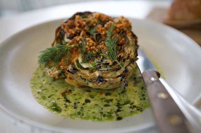 Artfully Plated Roasted Cabbage with Herb Sauce