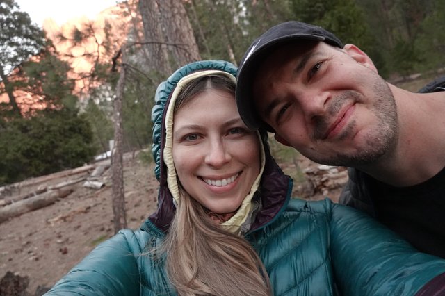 Couple's Cozy Camping Selfie at Sunset