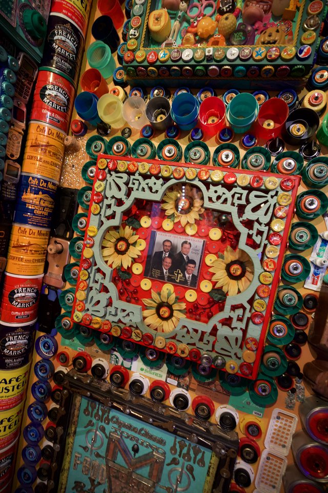 Eclectic Bottle Cap and Found Object Art Installation