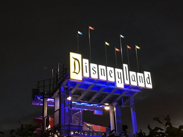 Illuminated Disneyland Sign at Night