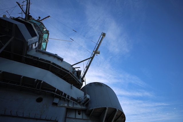 USS Hornet Bridge and Mast Against Blue Sky