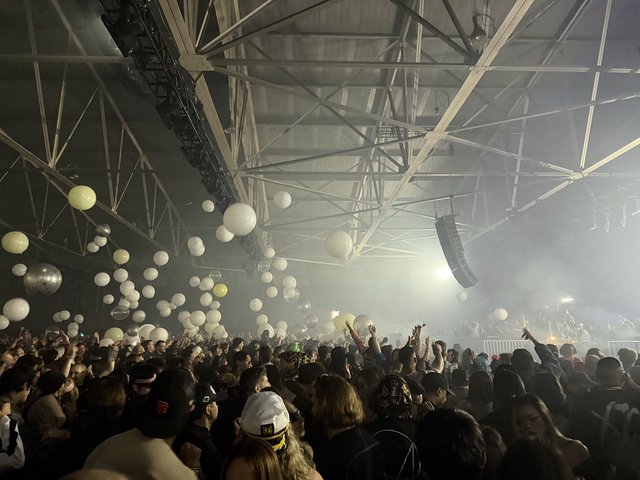 Skrillex Concert with Floating Balloons and Massive Crowd