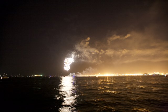 Glowing Flare amidst Night Skyline and Fireworks