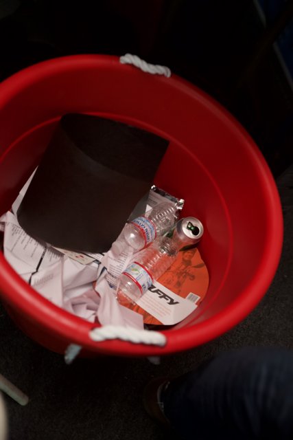 Red Bucket with Beverage Bottles