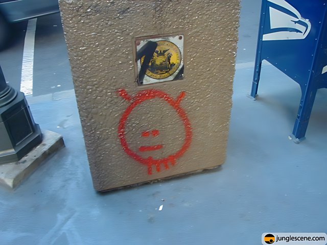 Red Sticker on Cement Box with Face