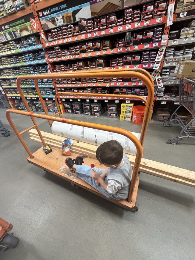 Child Riding Home Depot Lumber Cart in Hardware Aisle