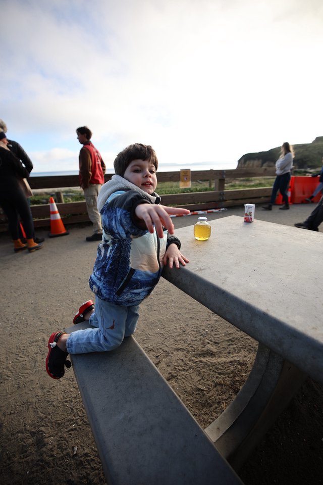 Young Boy Playing on Concrete Bench at Coastal Park