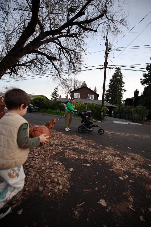 Family Sunday Walk in Residential Neighborhood