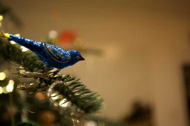 Blue Glass Bird Christmas Tree Ornament with Bokeh Lights
