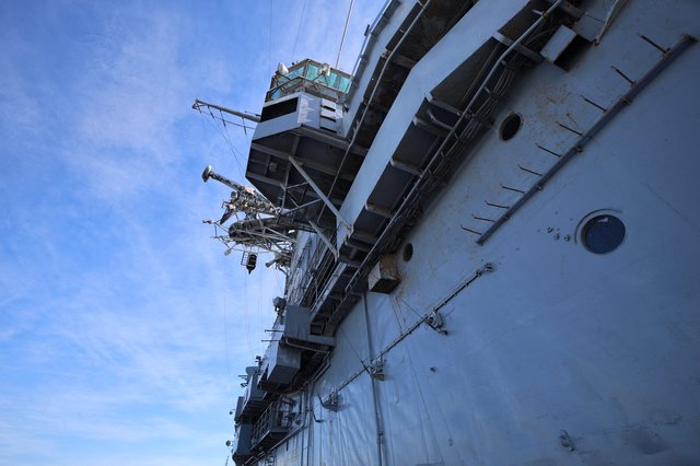 Looking Up at USS Hornet Aircraft Carrier Superstructure