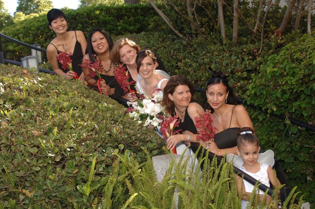 Bridal Party Poses Among Garden Greenery at Wedding