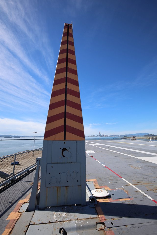 Striped Aircraft Arresting Barrier on USS Hornet Flight Deck