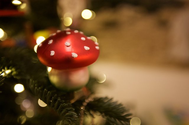 Red Toadstool Mushroom Christmas Tree Ornament with Bokeh Lights