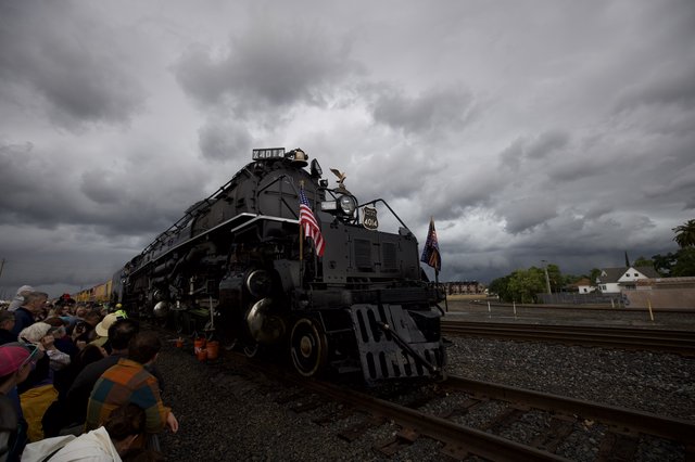 Historic Big Boy Locomotive on Display Under Stormy Skies