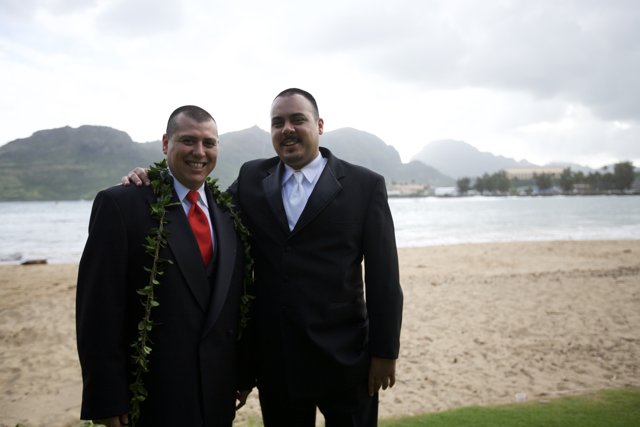 Two Men in Suits Enjoying the Beach View