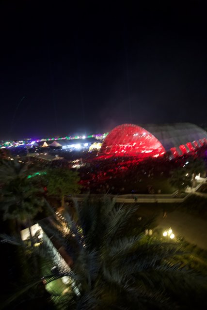 The Illuminated Red Dome of the Coachella Planetarium