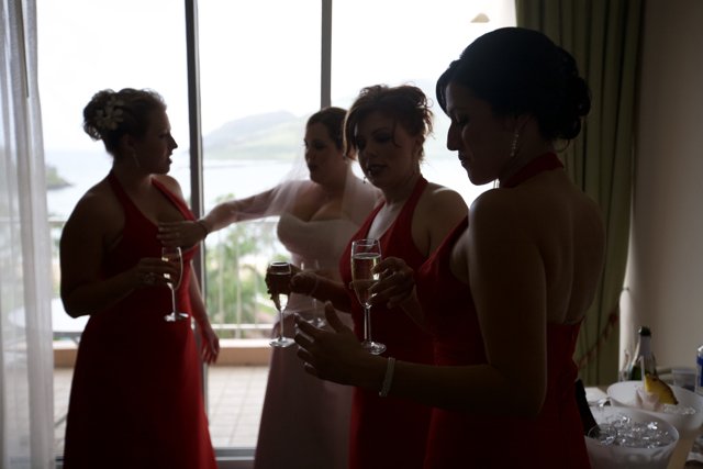 Red-Dressed Bridesmaids Toast to the Bride
