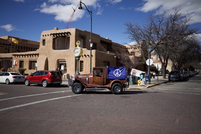 Vintage Truck with Peace Flags in Santa Fe Plaza