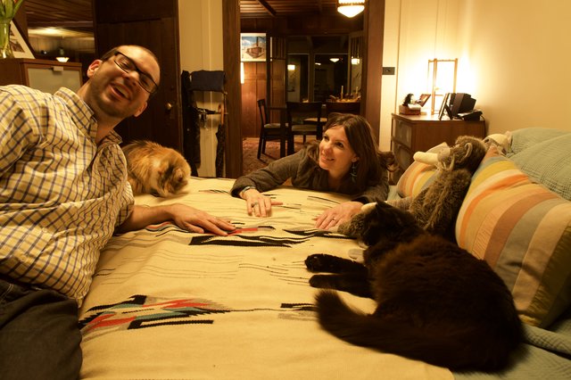 Couple Relaxing with Their Cats on Cozy Bed