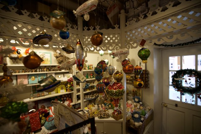 Whimsical Christmas Ornament Shop Display with Hot Air Balloons