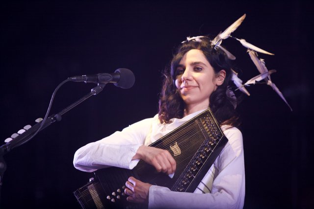 PJ Harvey performing with her accordion