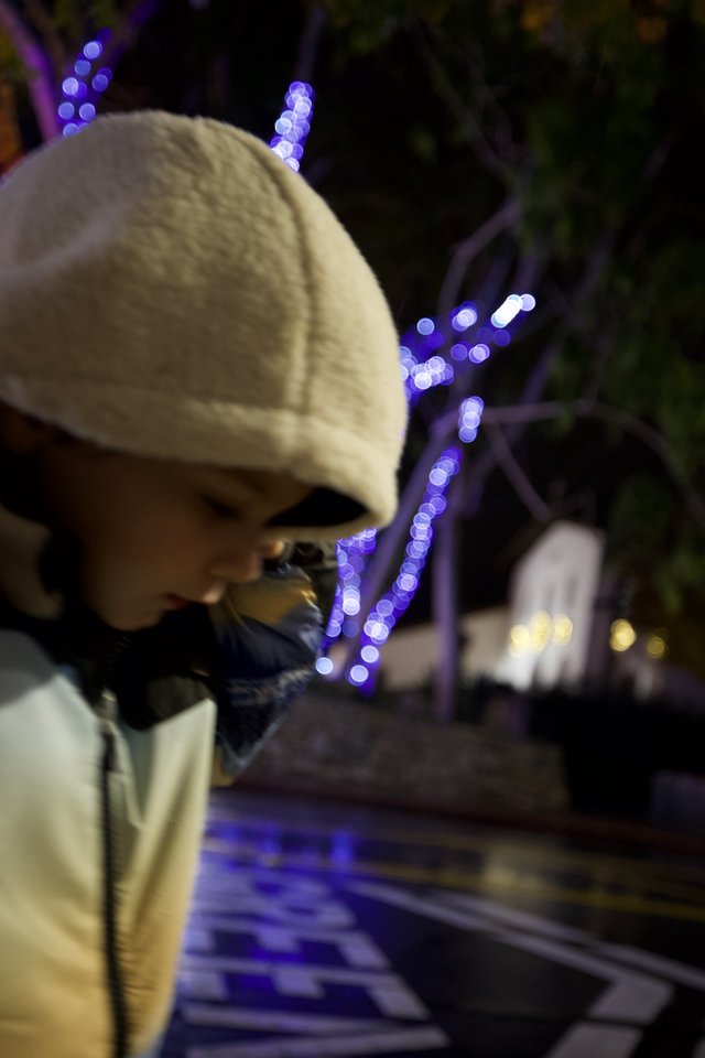 Spooky Skeleton Decoration with Purple Holiday Lights at Night
