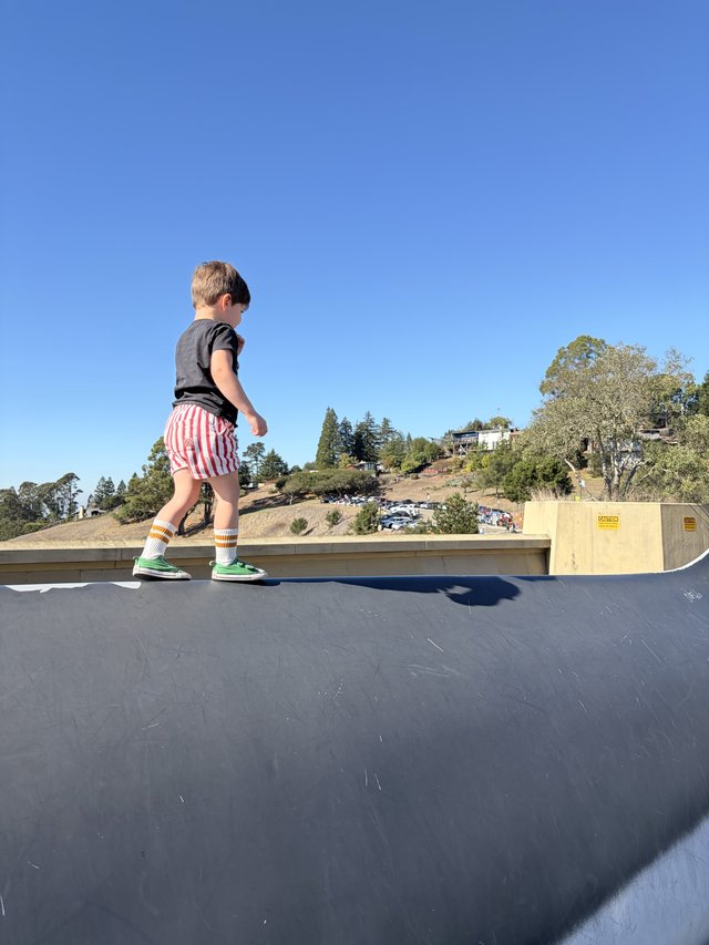 Young Boy Walking on Rooftop Edge at Skate Park
