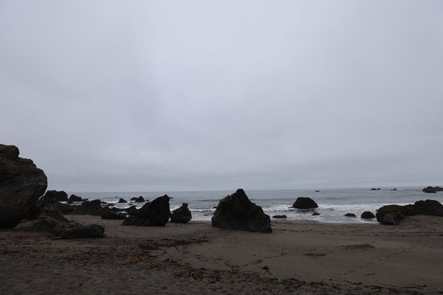 Moody Overcast Shoreline with Dark Sea Boulders