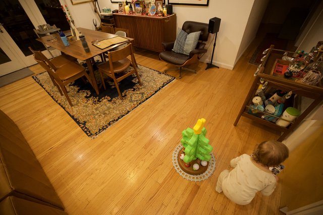 Toddler Playing with Christmas Tree Toy in Living Room