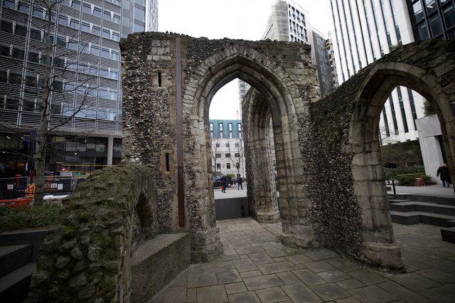 Medieval Church Ruins Among Modern London Architecture