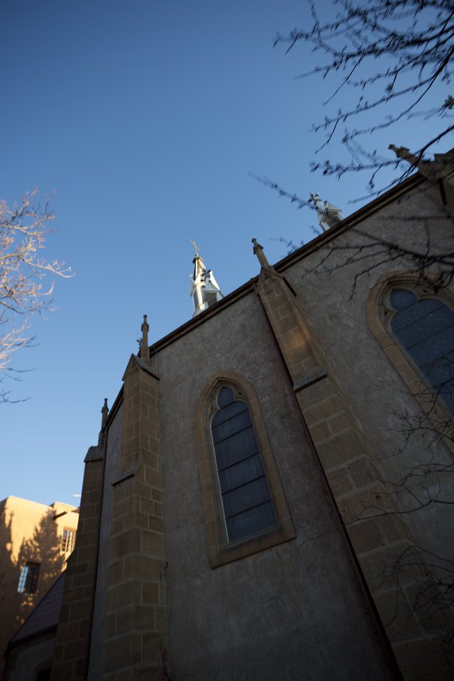 Historic Stone Church at Twilight in Santa Fe