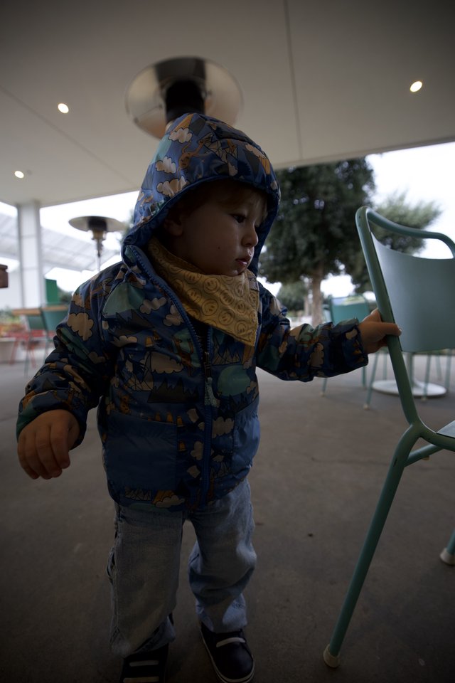 Toddler in Patterned Blue Jacket at Covered Patio