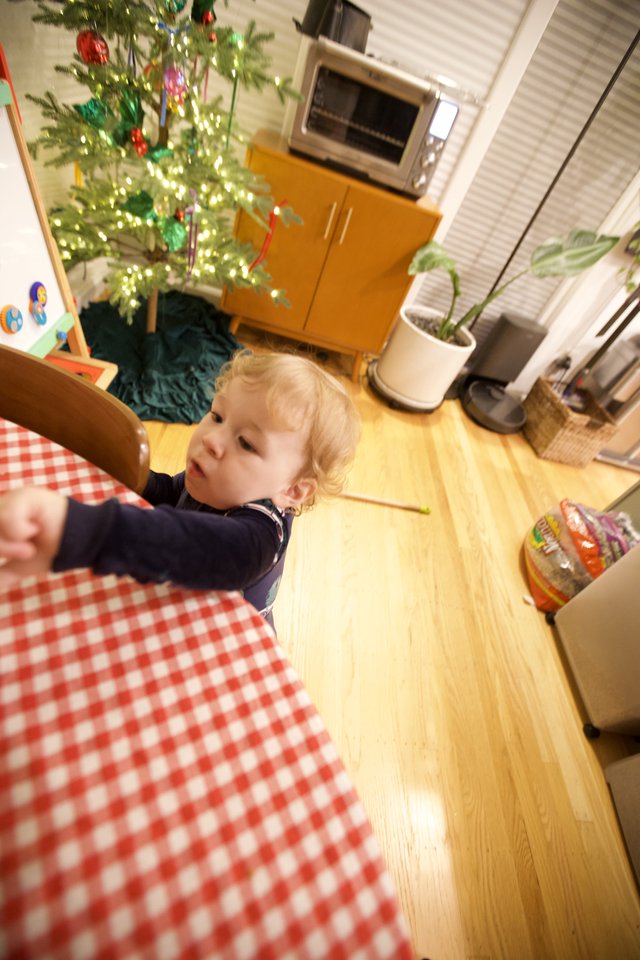 Curious Toddler Reaching at Christmas Kitchen Table