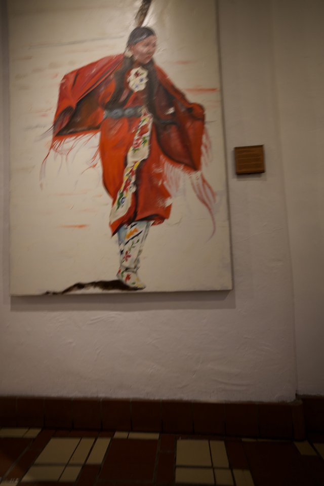 Native American Dancer in Traditional Red Regalia - Gallery Display