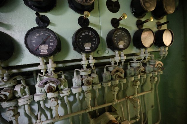 Vintage Pressure Gauges in USS Hornet Engine Room