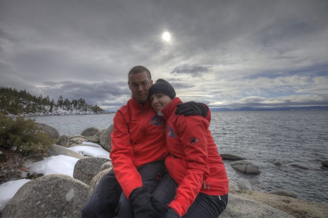 Couple Embracing at Lake Tahoe in Winter
