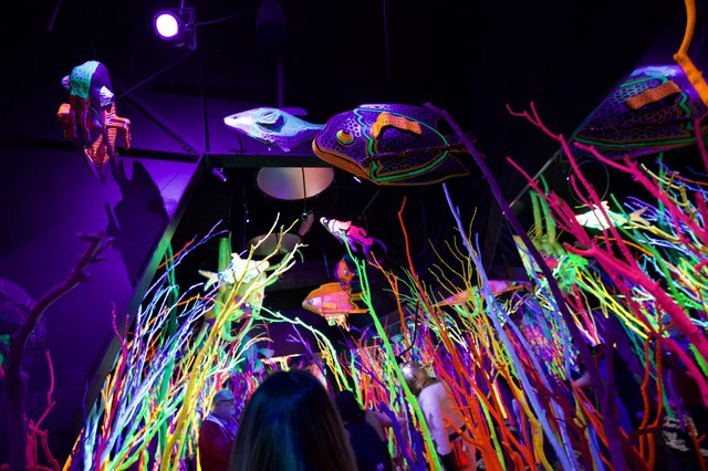 Vibrant Neon Underwater Fantasy Installation with Interactive Art