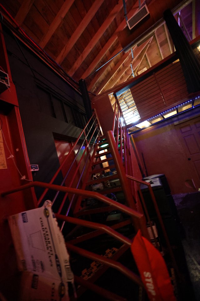 Red Steel Staircase in a Dark Music Venue