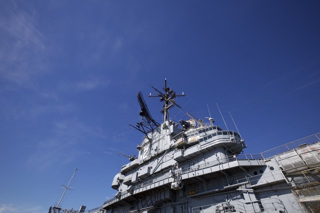 USS Hornet Aircraft Carrier Command Island Against Blue Sky