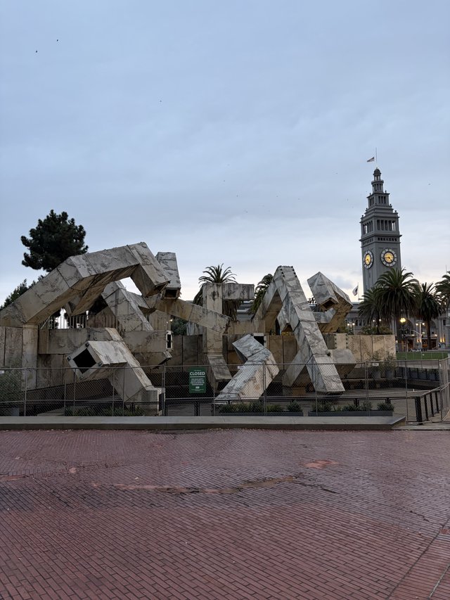 Vaillancourt Fountain and Ferry Building Clock Tower on Overcast Day