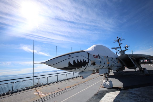 F-14 Tomcat with Shark Mouth on USS Hornet Deck