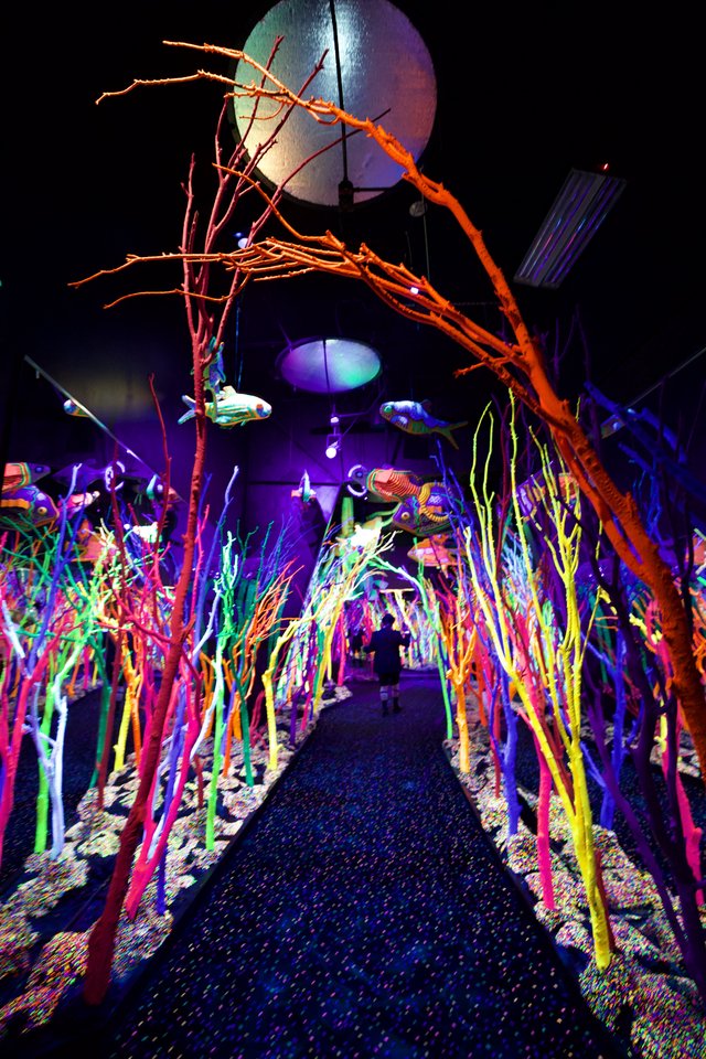 Neon Underwater Fantasy Installation with Child Silhouette