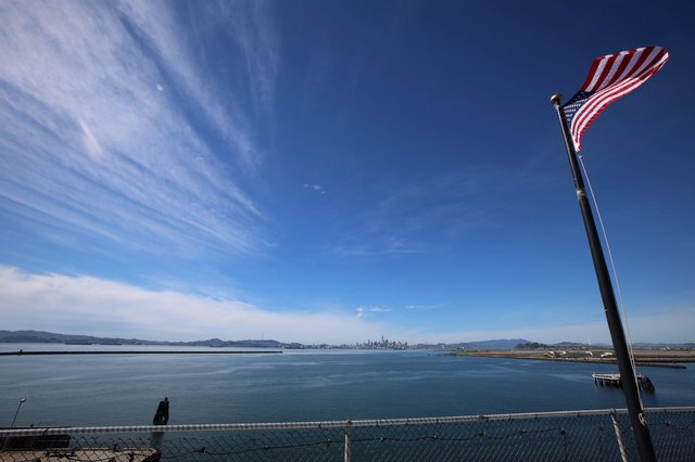 American Flag Over San Francisco Bay from USS Hornet