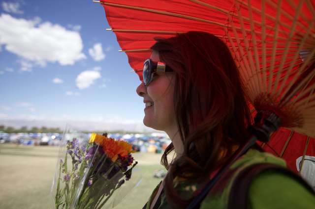 Red Parasol and Wildflowers at Coachella Festival