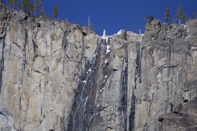 Frozen Waterfall on Columnar Basalt Cliff Face