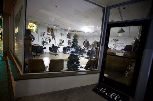 Hair Salon Window View with Holiday Decorations