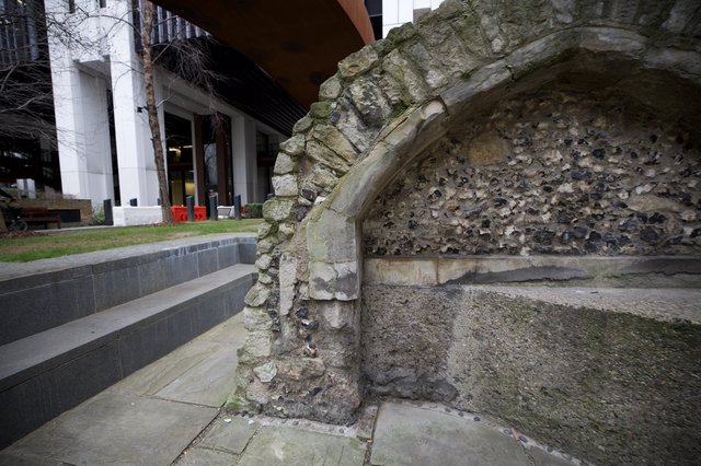 Ancient Stone Arch Preserved in Modern London Architecture