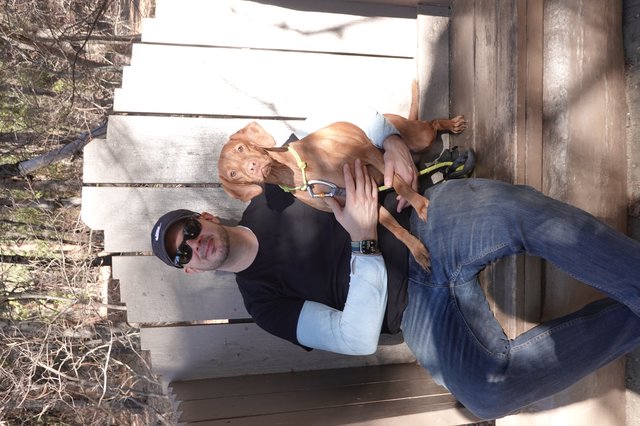 Man and Dog Relaxing on Wooden Bench