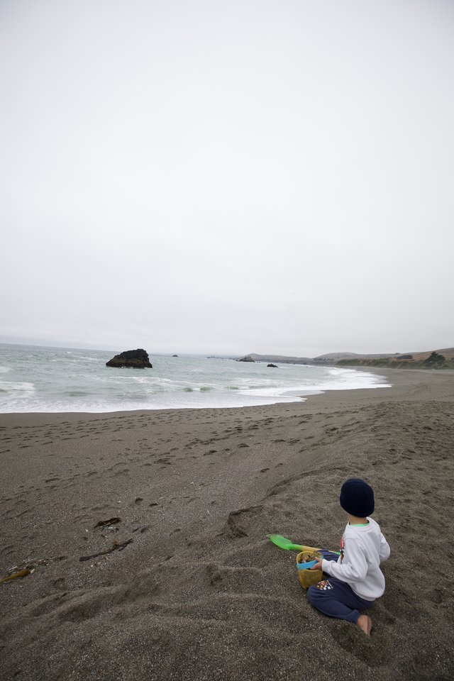 Child Playing in Sand at Foggy Northern California Beach