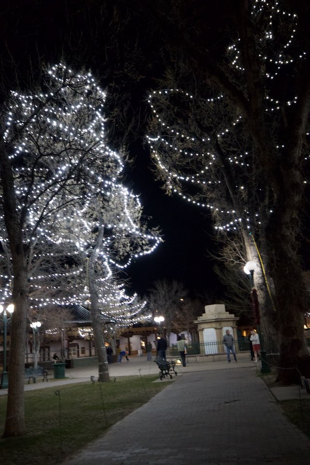 Santa Fe Plaza Illuminated with Holiday Lights at Night